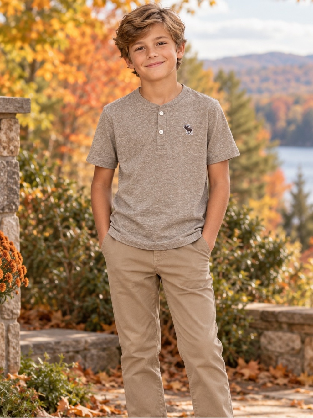 Abercrombie Kids Boys 9/10 Taupe Heather Henley Moose Logo Shirt